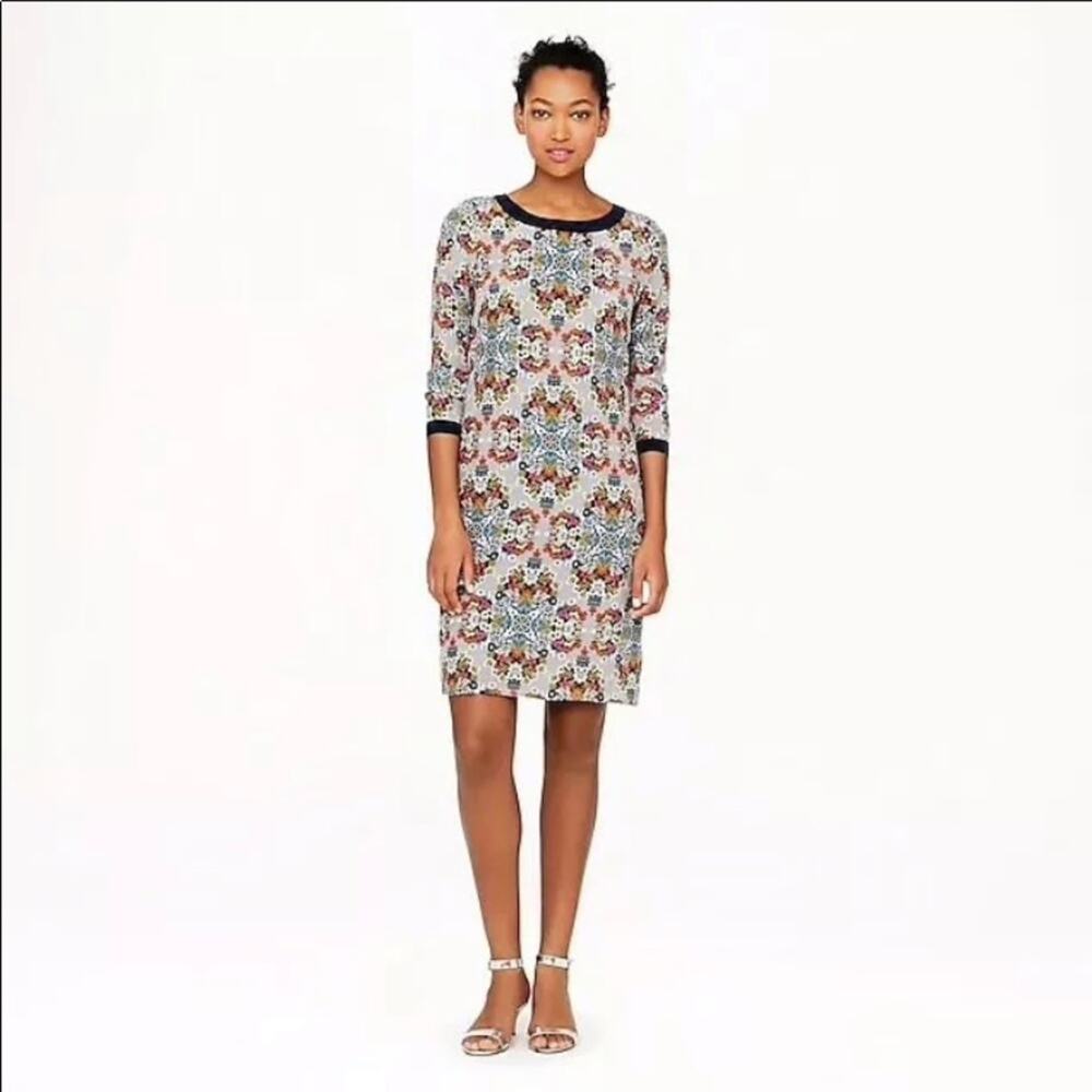 J Crew Misty Fog Floral Silk Shift Dress Gray Navy Trim